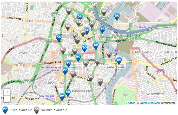 Mapa rozmieszczenia stacji miejskich rowerów w Belfaście